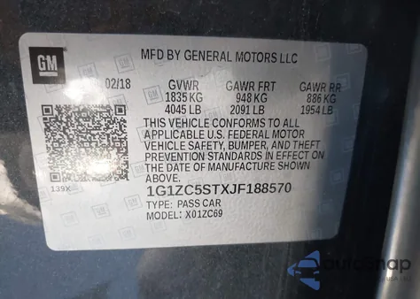 2018 Chevrolet Malibu 1Fl из США, поврежденный, VIN 1G1ZC5STXJF188570